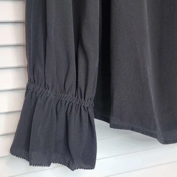 J.CREW Silk Ruffle High Neck Black Blouse Women's 6P Long Sleeves Ruffle Cuffs - Picture 4 of 11